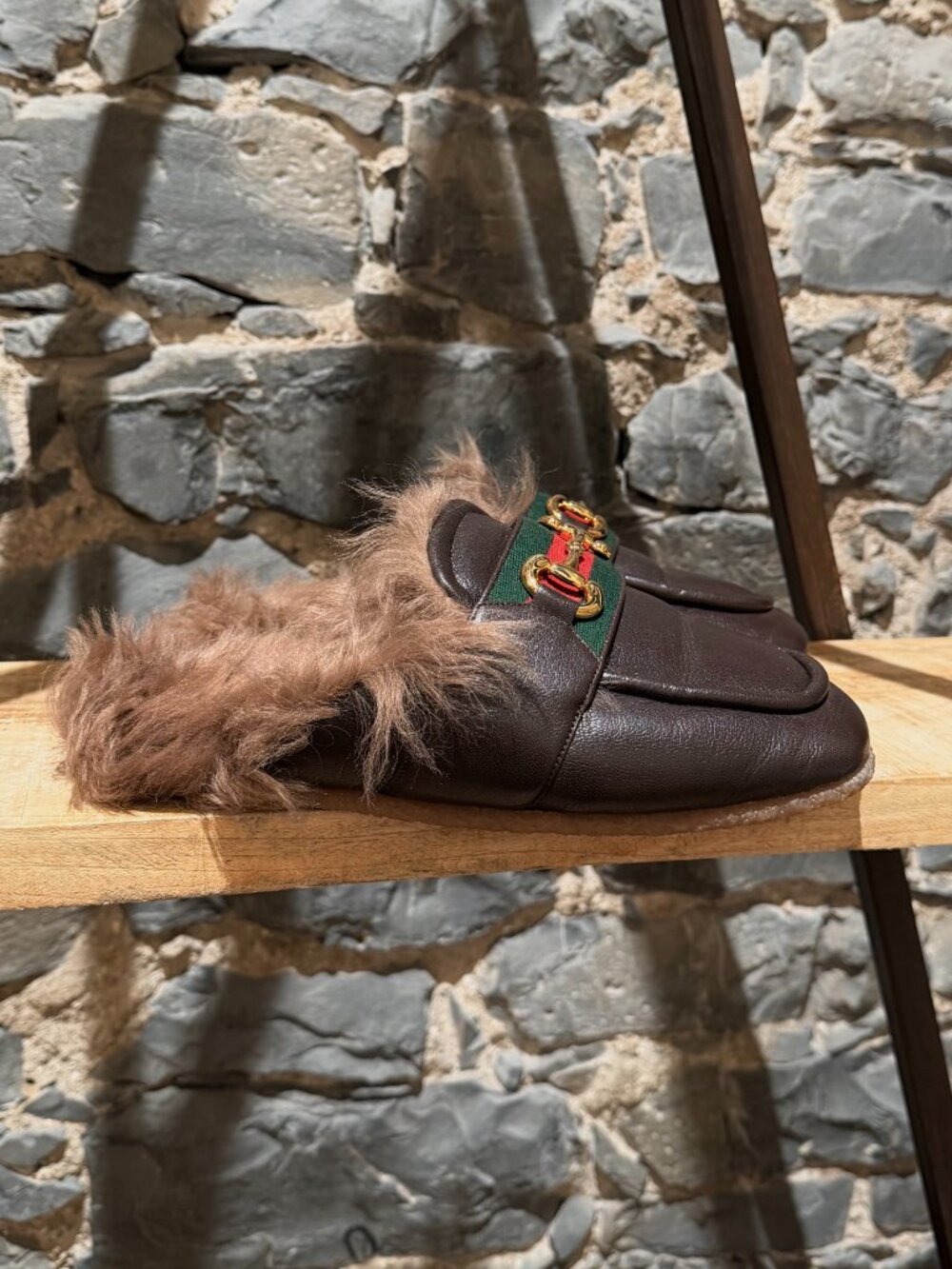 Gucci Brown Padded Leather Horsebit Web Faux Fur Mules